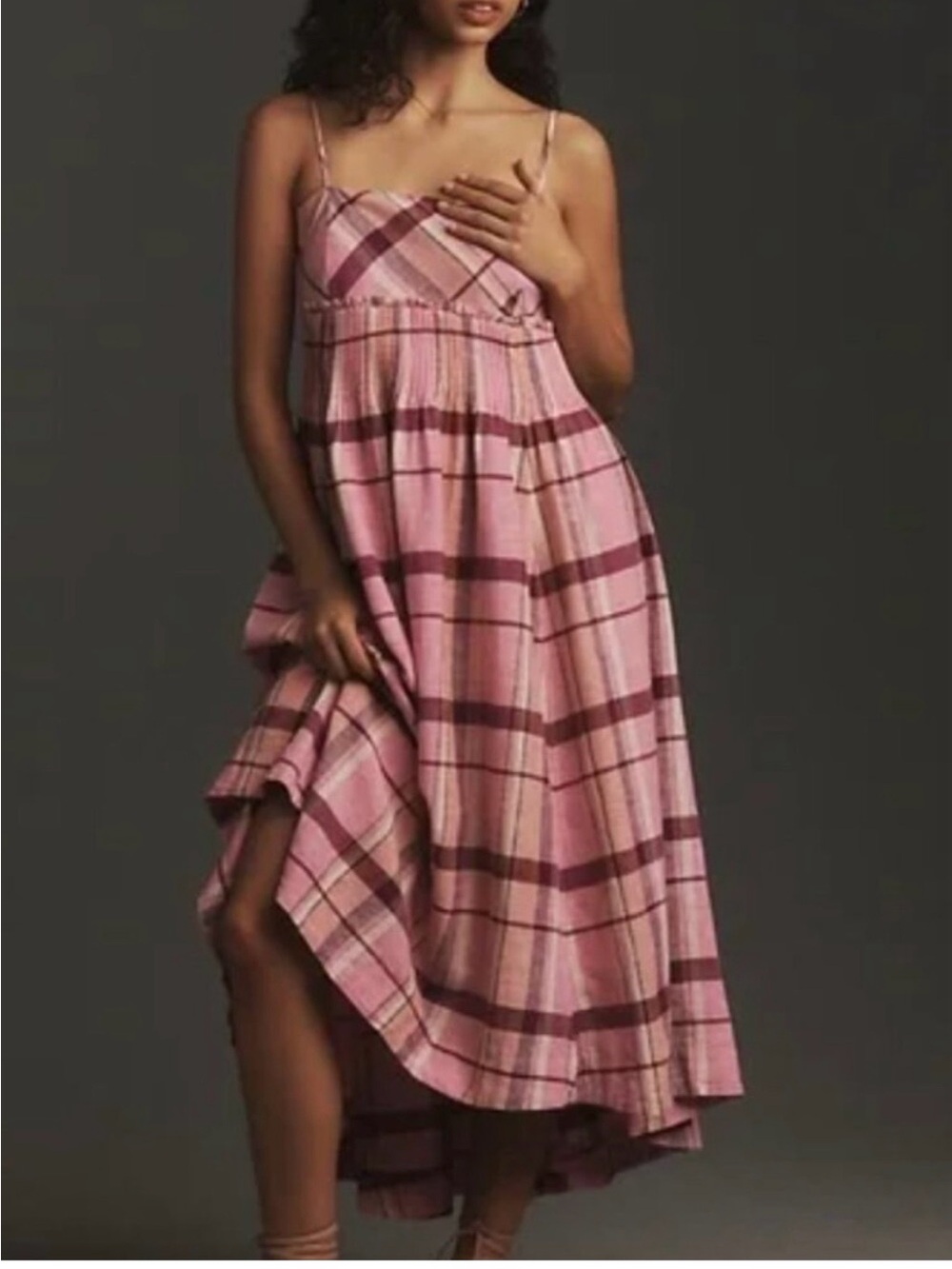 Anthropologie MaevePink Plaid Spaghetti-Strap Midi Dress